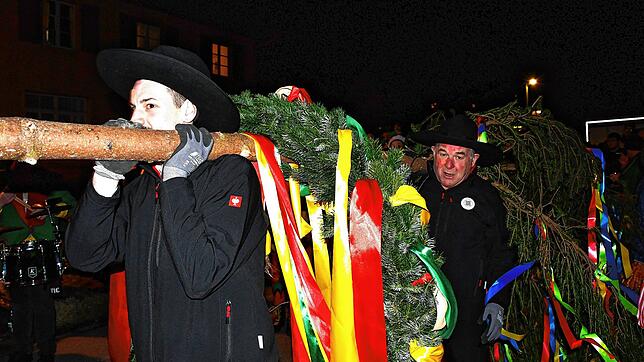 Anpacken und aufrichten: Die Schmugglergilde Warmbach stellt den 17¦Meter hohen Narrenbaum am Schmugglerbrunnen in Warmbach auf. Bild: ...