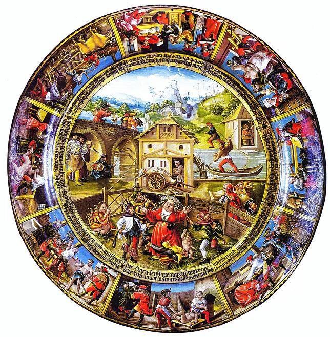 Der Narrenteller von Ambras aus dem Jahr 1528 zeigt die Narrenmutter mit ihren sieben Söhnen.