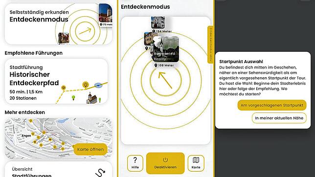 Auf dem Homebildschirm der Stadt Engen in der App „zeigmal“ kann man zwischen dem Entdeckermodus und der Stadtführung wählen. Im ...