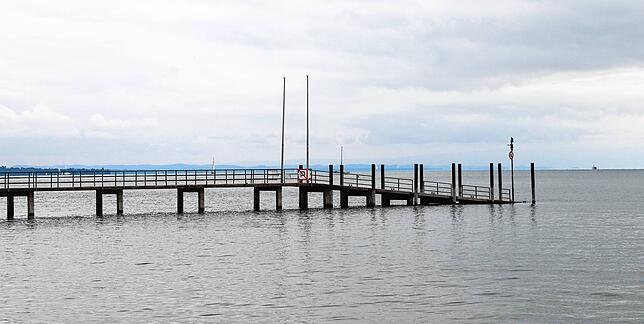 Die Stützpfeiler des Jakobstegs am Obersee in Konstanz sind wieder aus dem Wasser aufgetaucht.