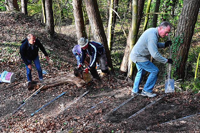Helfer tragen ein Baumstück als Einfassung an eine Treppe. Von links: Dieter Wingbermühle, Günter Weiß und Klaus Lindenmayer.