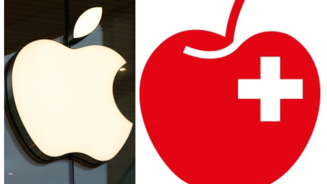 Das Apple-Logo an der Fassade eines Apple Stores und das Logo des Schweizer Obstverbandes. Der US-Konzern will den Apfel ganz für sich.