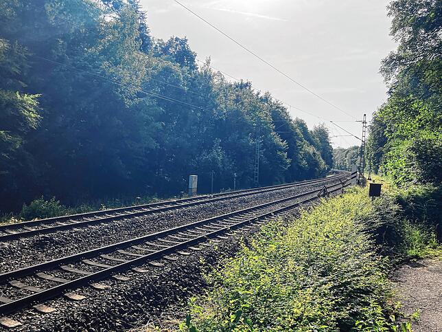 Blick von der Messstelle in Fahrtrichtung zum Villinger Bahnhof. Im Hintergrund ist die enge Kurve zusehen, an der ein deutlich ...