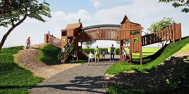 So wird der neuen Spielturm auf dem Spielplatz in der Hauensteinstraße aussehen, der voraussichtlich im kommenden Frühjahr installiert wird.