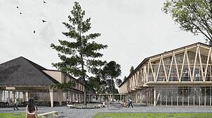 So könnte das Zentrum Holzbau Schwarzwald (ZHS) in St. Blasien einmal aussehen: links im Bild das Kurhaus, rechts der Neubau. ...