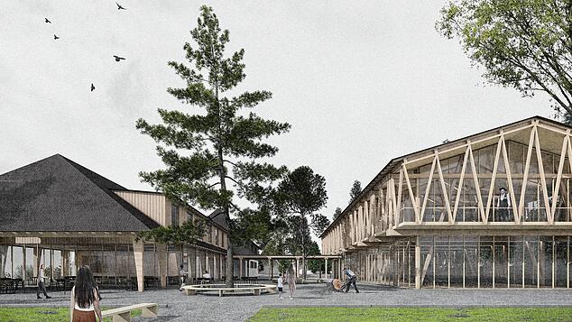 So könnte das Zentrum Holzbau Schwarzwald (ZHS) in St. Blasien einmal aussehen: links im Bild das Kurhaus, rechts der Neubau. ...