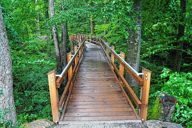 Die Holzbrücke mit Knick führt über vom Litzelstetter Friedhof in den Ruhewald.