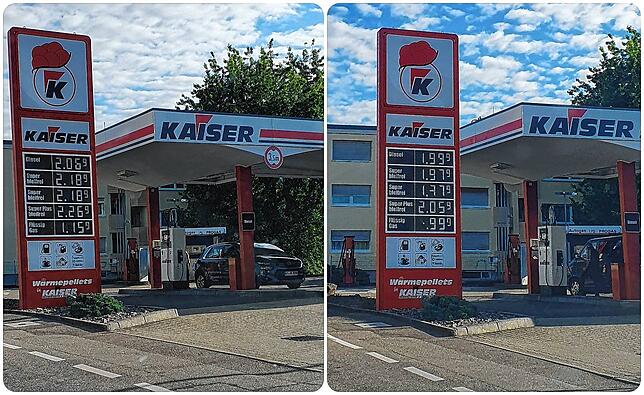 Deutlicher Unterschied bei den Spritpreisen der Kaisertankstelle an der Öflinger Straße in Wehr vor dem Tankrabatt am 31. Mai 2022 ...