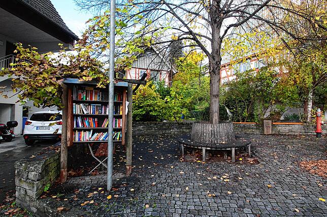 Mit einbezogen in die Umgestaltung soll auch der Platz am Bücherregal. Eine Beleuchtung und Begrünung ist hier geplant.