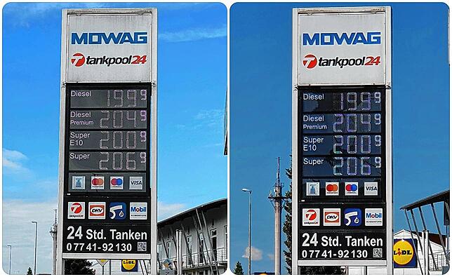 An der Mowag-Tankstelle in Tiengen haben sich die Preise zwischen Dienstag, 31. Mai (links) und Mittwoch, 1. Juni überhaupt nicht verändert.