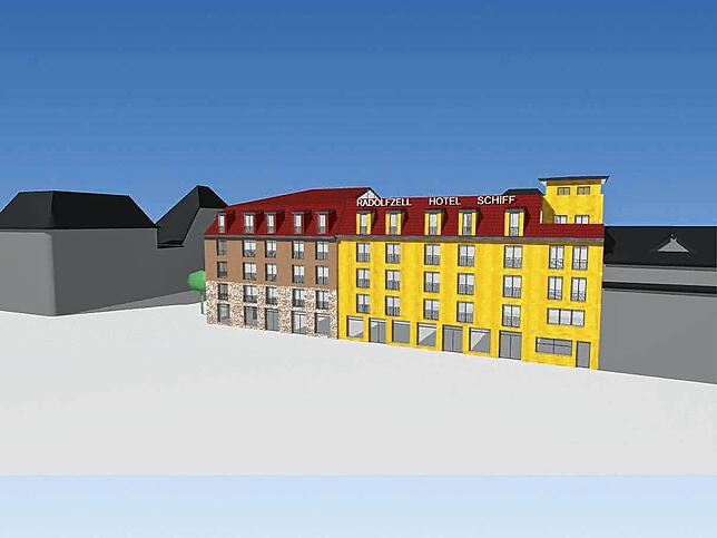 So sahen die Pläne für das neue Hotel im Sommer 2022 aus. Gut zu erkennen ist das Mansardendach.