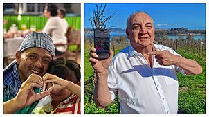 Herbert Brand, genannt „Brandy“, zeigt auf einem Handy ein Bild von sich und seinem einstigen Azubi, den er im Frühjahr in Kambodscha ...