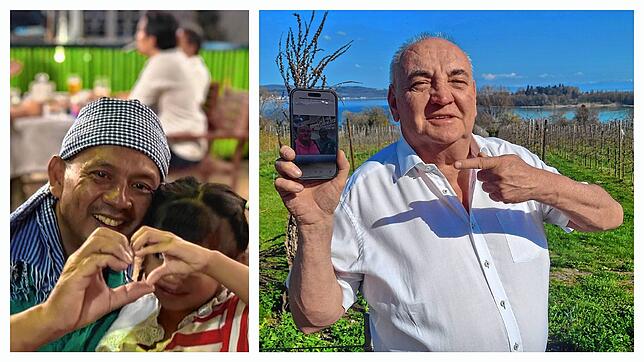 Herbert Brand, genannt „Brandy“, zeigt auf einem Handy ein Bild von sich und seinem einstigen Azubi, den er im Frühjahr in Kambodscha ...