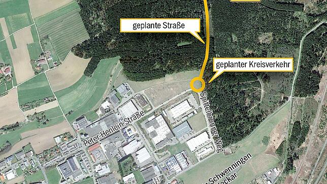 Gelb markiert ist die neue Straße, die das Industriegebiet Ost mit der B&nbsp;523 verbinden soll.