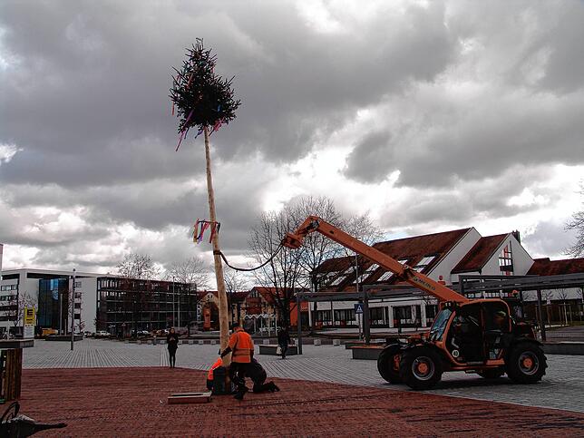 Bild 8: Auch ohne Rathaus-Sturm: Bauhof stellt ersten Narrenbaum in der neuen Neuen Mitte auf