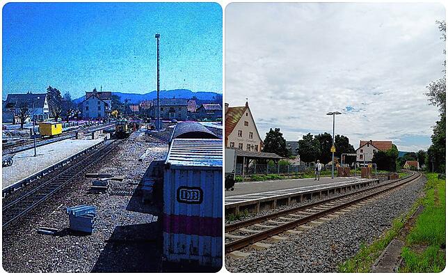 Bahnsteig Murg. Links: Der Bahnhof Murg erhält 1984 mit dem zweiten Gleis einen Mittelbahnsteig und eine Fußgängerunterführung. Rechts: ...
