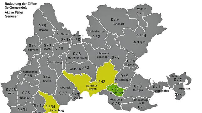 Zahl der aktiven Sars-CoV-2-Infektionen und der Genesenen in den Städten und Gemeinden im Kreis Waldshut am 12. August 2020.