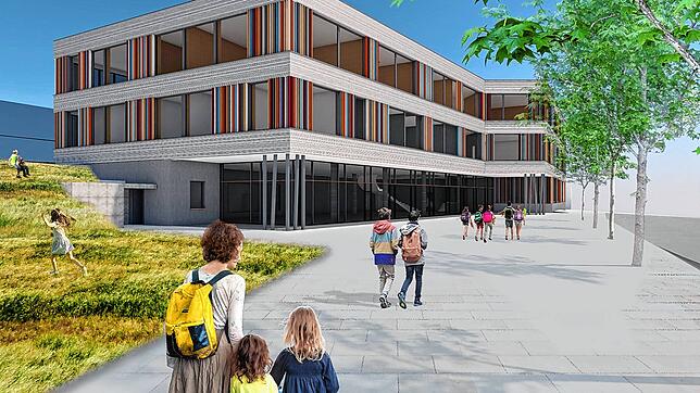Der Vorentwurf für den ersten Neubau im Blumberger Schulcampus zeigt das neue Gebäude für die Grundschule, Weiherdammschule und die ...