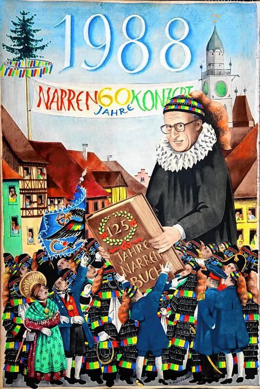 Eintrag ins Narrenbuch der Narrenzunft Überlingen im Jahr 1988. Er zeigt Fridolin Mandauschs ersten Eintrag ins Narrenbuch als ...