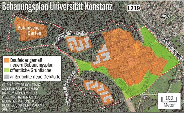Bild 1: Wie soll die Universität Konstanz wachsen? Das steht im neuen Bebauungsplan für den Gießberg-Campus, der nun dem Gemeinderat vorgelegt wird
