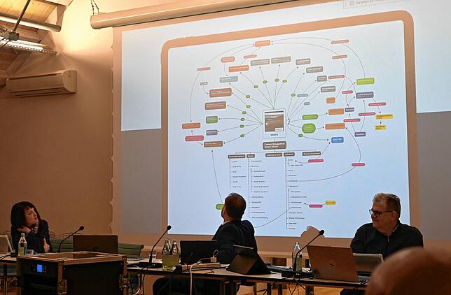 Ein Schaubild in der Präsentation auf der Leinwand zeigt Erreichtes und Ziele als Digi-Pfau, wie die Gemeinde es nennt. An den Tischen ...