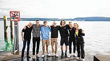 Die Band Mucke: (von links) Phil Nyund (Keyboard), Raphael Allgöwer (Bass), Elias Rehfeldt (Keyboard), Pat Nylund (Gitarre), Daniel ...