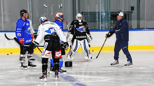 Wild Wings-Chefcoach Niklas Sundblad (rechts) erläutert seinen Spielern beim Training in der Helios-Arena die Übungseinheiten.