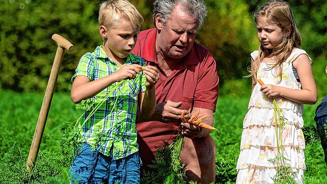 Christian Richter, Leiter der Pestalozzi Gärtnerei, erklärt zwei Kinderdorfkindern die Karottenernte.