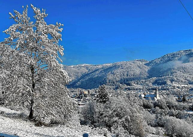 Winterliches Postkartenmotiv: Blick über das winterliche Wehr.
