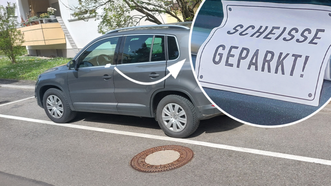 Samstagvormittag, irgendwo in Litzelstetten. Auf der Fahrertür klebt ein Zettel, hinter dem Scheibenwischer hängt eine weitere Nachricht ...