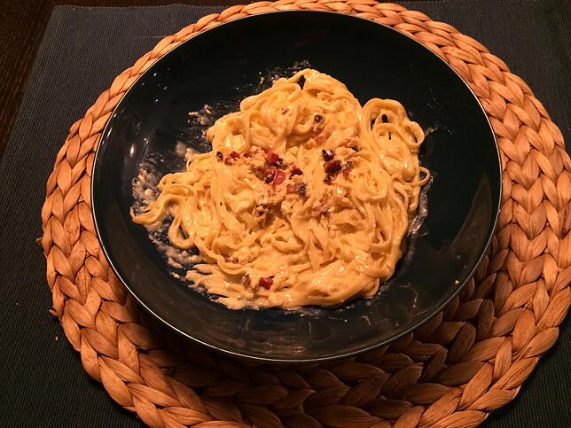 Fertig sind die Spaghetti Carbonara auf regionale Art. Bilder: Juliane Schlichter