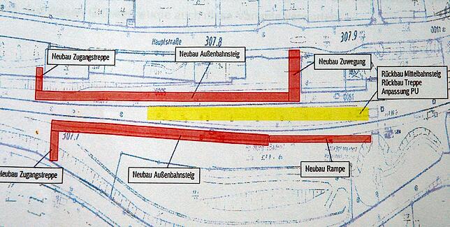 Im Zuge der Elektrifizierung wird auch der Bahnsteig in Murg umgebaut. Neu sind zwei Außenbahnsteige. Der Mittelbahnsteig kommt weg.