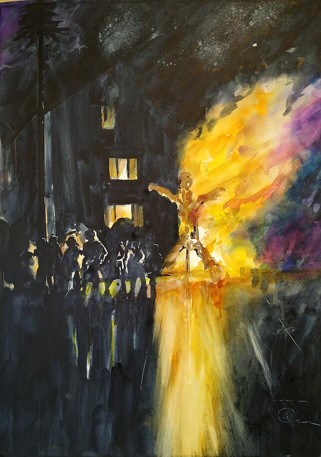 Die Verbrennung gibt es dieses Jahr als Aquarell von Willy Cierpinsky. Bild: Privat