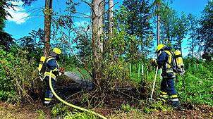 Helfer der Freiwilligen Feuerwehr Daisendorf sind am Donnerstagmorgen bei einem Flächenbrand im Wald beim Spielplatz am Rehgehege im ...