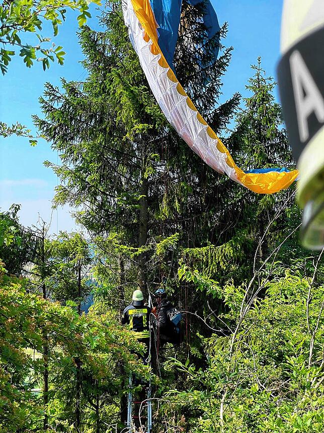 In etwa acht Metern Höhe verfängt sich der Mann in dem Baum. Durch eine Steckleiter können ihn die Einsatzkräfte erreichen und sicher ...