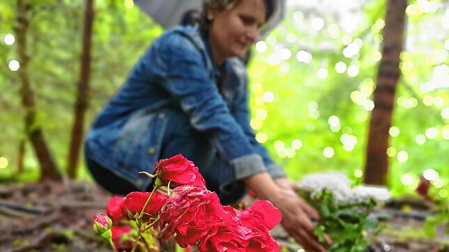 Clara Sabau bringt Blumen an den Ort, an dem ihr Bruder im Wald bei Überlingen gestorben und jahrelang unentdeckt geblieben ist.