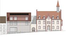 Das Rathaus Stühlingen wird saniert und barrierefrei und erhält einen Anbau. Die Visualisierung zeigt die Fassadenansicht von der ...