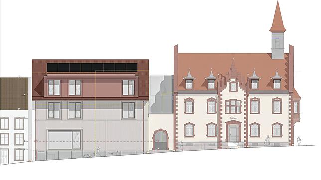 Das Rathaus Stühlingen wird saniert und barrierefrei und erhält einen Anbau. Die Visualisierung zeigt die Fassadenansicht von der ...