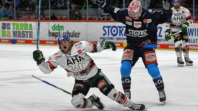 Der harte Kampf hat sich gelohnt für Ken Andre Olimb (rechts) und die Wild Wings. Gegen Augsburg (links Justin Volek) setzte sich ...