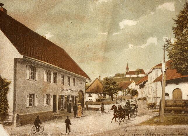 Eine kolorierte Postkarte, die ebenfalls um 1905 vom Ladenbesitzer Johann Thomann herausgebracht wurde, aus dem Album von Helga Oranth.