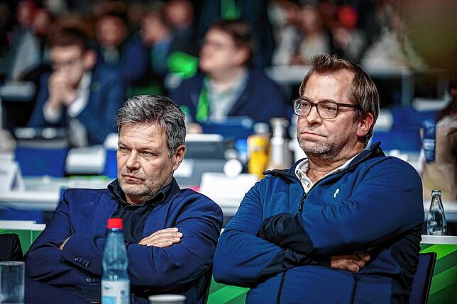Grimmige Gesichter: Wirtschaftsminister Robert Habeck (links) und Daniel Holefleisch, Ehemann von Annalena Baerbock.
