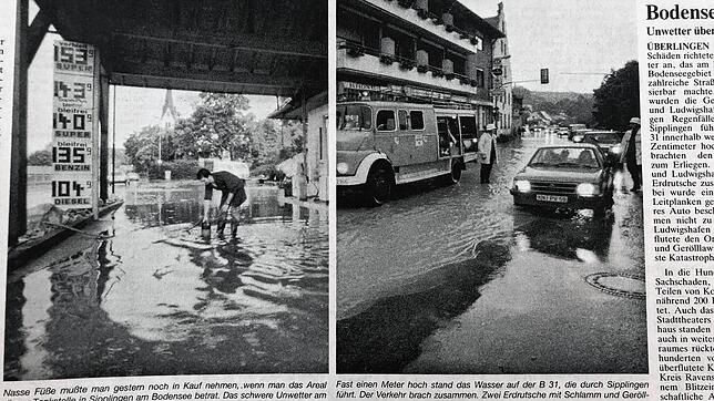 Im rechten Bild ist das Hotel Krone, die heutige Seeliebe, am 24. Juni 1992 an der Seestraße zu sehen.