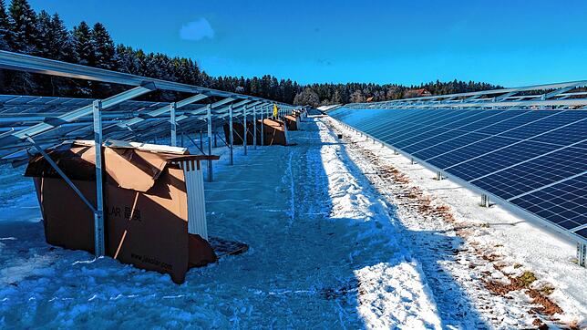 Auf den Stahlgerüsten werden jetzt die eigentlichen Solar-Module montiert.