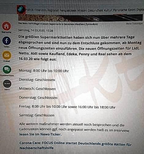 Neue Öffnungszeiten für Lebensmittelmärkte? Diese angeblich von &bdquo;Focus Online&ldquo; verbreitete Information ist falsch.