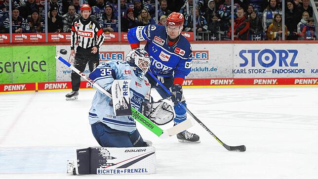 Alexander Karachun (hinten) und die Schwenninger Wild Wings feiern einen wichtigen Sieg gegen die Straubing Tigers und stehen damit ...