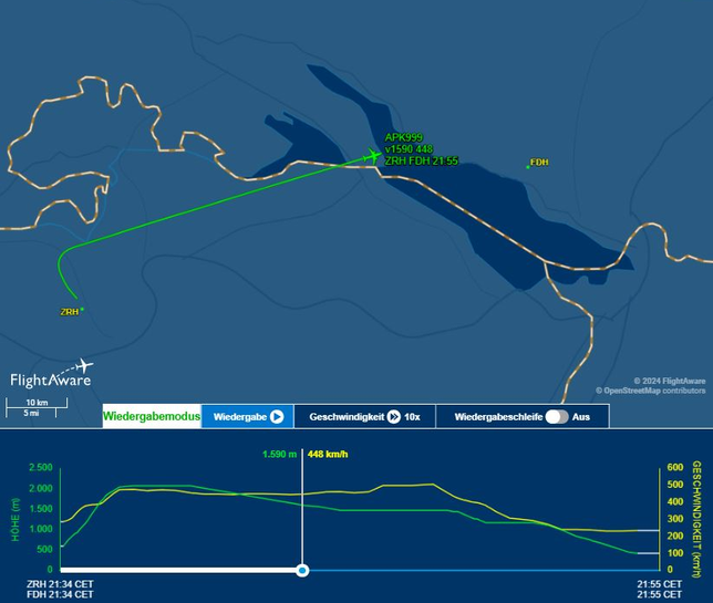 Die private Boeing 737 fliegt mit etwa 448 km/h über Konstanz. Sie startete von Zürich und landete paar Minuten später schon in ...