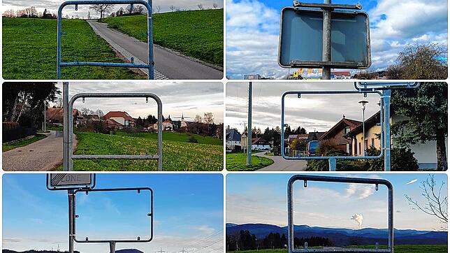 Die gelben Ortsschilder scheinen begehrtes Diebesgut zu sein. Etliche Metallrahmen in der Region stehen leer.