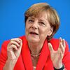 Die damalige Bundeskanzlerin Angela Merkel am 31. August 2015 in der traditionellen Sommer-Pressekonferenz in Berlin. Bei dieser ...