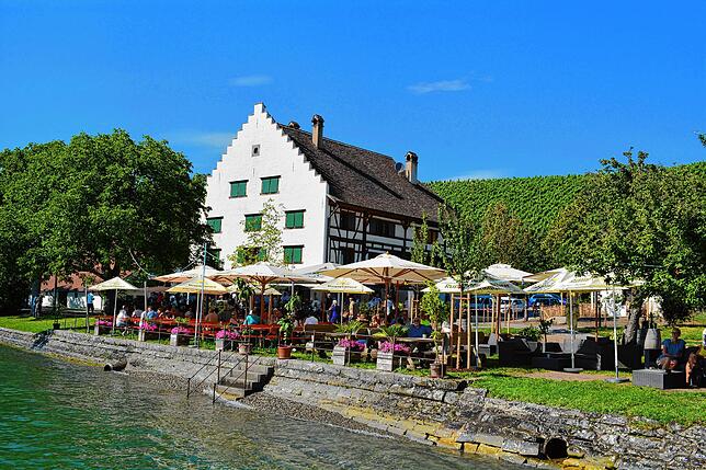 Blick auf die Meersburger Weinstube Haltnau. Etwa 300 Meter vom Ufer entfernt ereignete sich der tödliche Badeunfall.