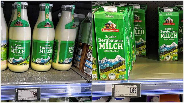 Kleiner Triumph im Supermarkt: die Vollmilch vom gleichen Hersteller ist in Glas abgefüllt günstiger als in der Plastikverpackung.